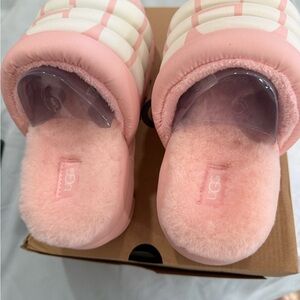UGG Pink and White Fluffy Slippers